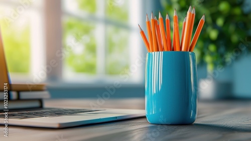 Colorful pencils in a blue holder on a desk with a laptop, bright and inviting workspace. photo