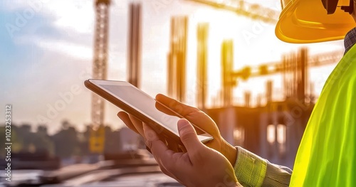 Construction worker using a tablet at a construction site during sunset.