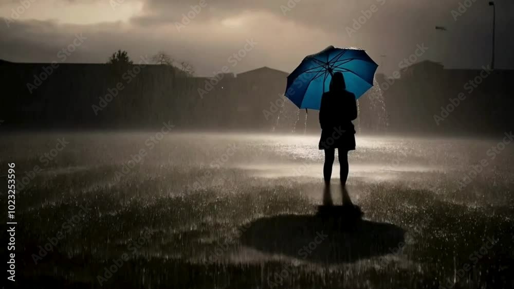 Woman Standing with Blue Umbrella in the Rain