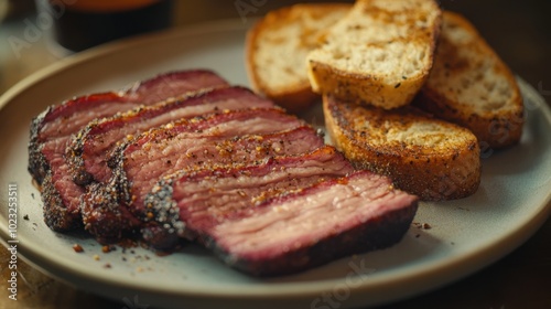 Sliced smoked brisket served on a plate with toasted bread, BBQ style presentation, appetizing and savory