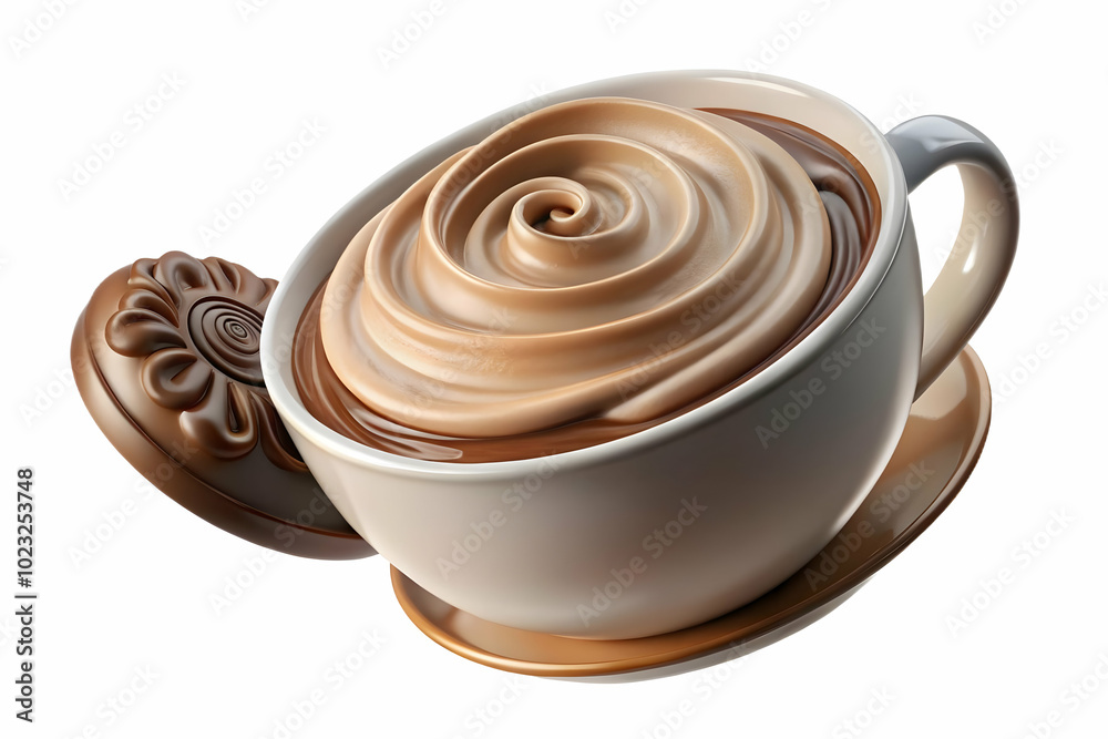 Floating Cappuccino Cup with Smooth Froth Swirl - Creamy Delight Vector Illustration for Beverage Promotions on White Background Floating Cappuccino Cup with Smooth Froth Swirl - Creamy Delight Vector Illustration for Beverage Promotions on White Background