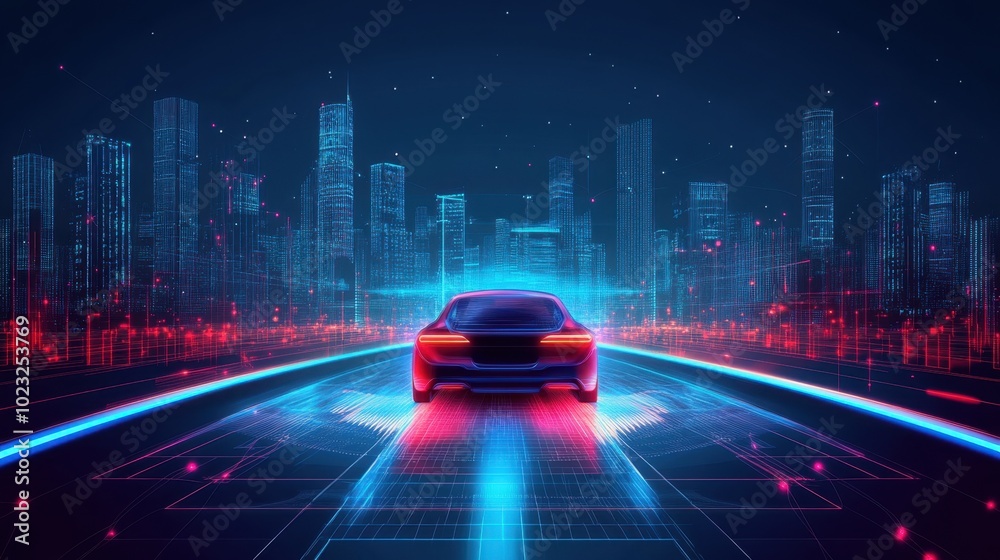 Smart mobility concept with a self-driving car navigating a futuristic digital city, connected technology and dynamic lights Smart mobility concept with a self-driving car navigating a futuristic digital city, connected technology and dynamic lights