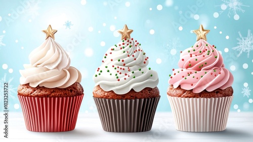 Delicious cupcakes with festive frosting and decorations on a light blue background with snowflakes.