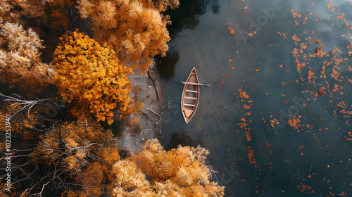 Aerial view of a lone wooden rowboat on a tranquil lake surrounded by vibrant autumn foliage, concept of adventure, solitude, and nature's beauty