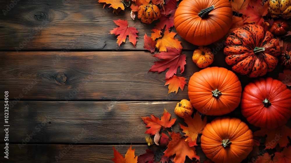 A photograph of pumpkins and autumn leaves on a wooden background, showcasing the beauty of the fall season