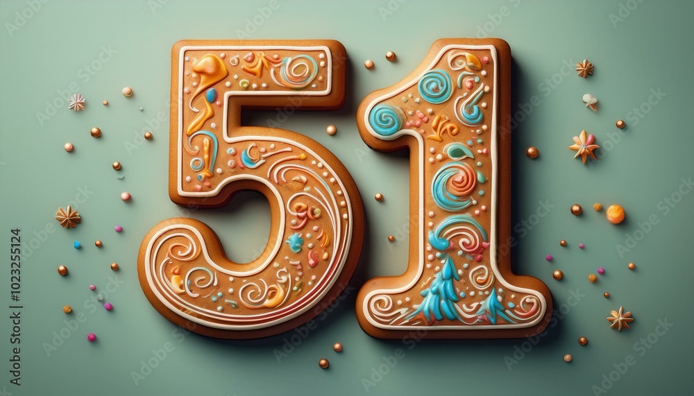 Decorated cookie, number 51, illustration for birthday or anniversary celebration Decorated cookie, number 51, illustration for birthday or anniversary celebration