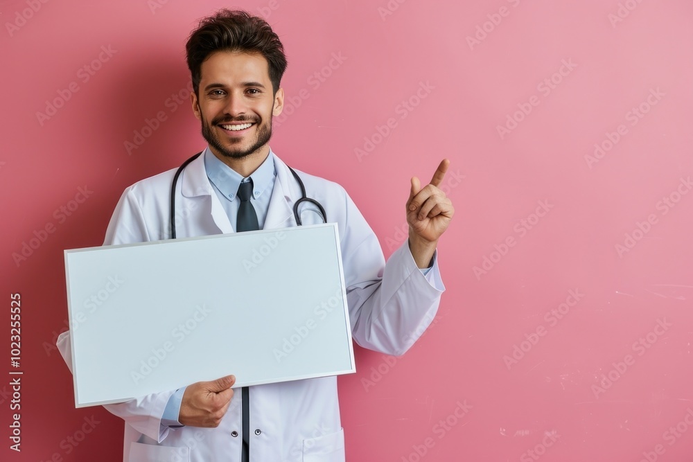 A smiling male doctor is pointing at floating in air mini white board adult stethoscope accessories. A smiling male doctor is pointing at floating in air mini white board adult stethoscope accessories.