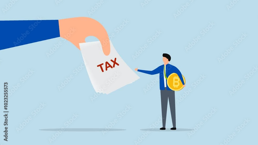 Crypto currency tax, 4k animation of Businessman investor holding bitcoin caught off guard by government issuing tax bill. Crypto currency tax, 4k animation of Businessman investor holding bitcoin caught off guard by government issuing tax bill.