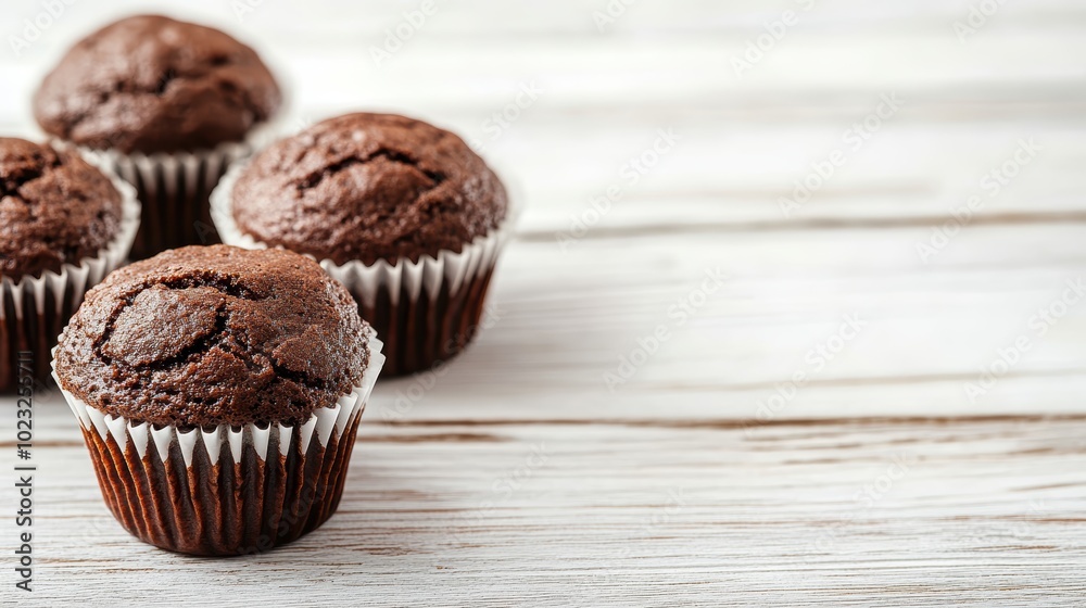 Rustic homemade chocolate muffins on wooden background Rustic homemade chocolate muffins on wooden background