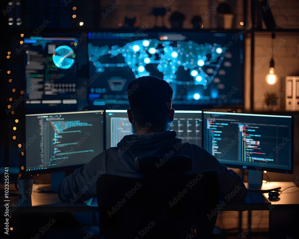 Cyber Security Analyst Monitoring Data Breaches and Fraud in a Dark Tech Room Cyber Security Analyst Monitoring Data Breaches and Fraud in a Dark Tech Room