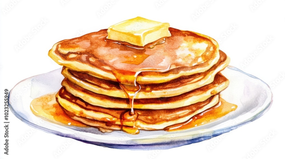 Watercolor stack of holiday pancakes with syrup and melting butter, isolated on white Ideal for cheerful, festive content Watercolor stack of holiday pancakes with syrup and melting butter, isolated on white Ideal for cheerful, festive content