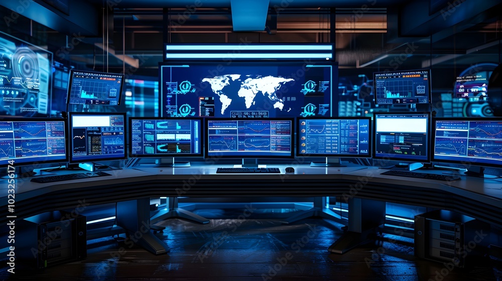 Fototapeta premium Cybersecurity Command Center Monitoring Real Time Data Breaches and Fraud Detection