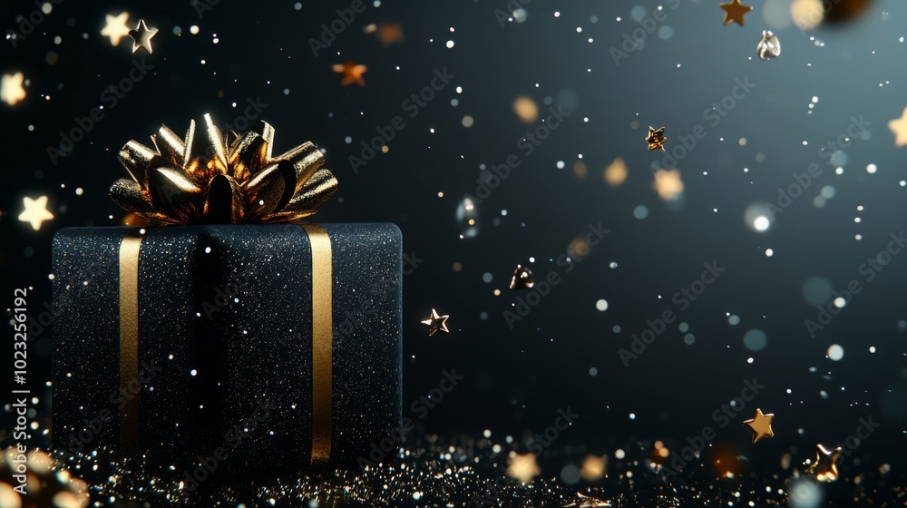 Elevated black gift box with gold bow and decorations, surrounded by floating gold stars, dark background with empty space on the right Elevated black gift box with gold bow and decorations, surrounded by floating gold stars, dark background with empty space on the right