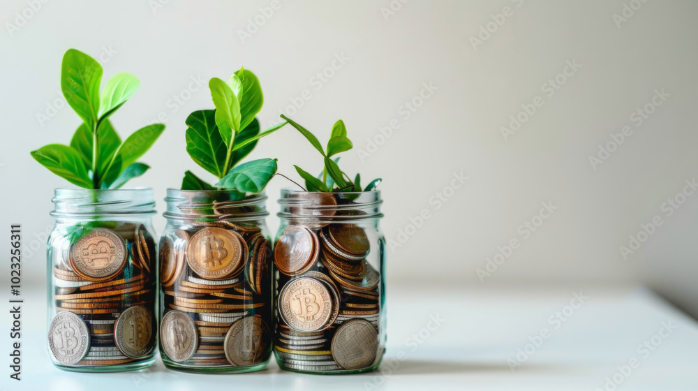 Three glass jars filled with coins and small green plants representing growth in cryptocurrency investment Three glass jars filled with coins and small green plants representing growth in cryptocurrency investment