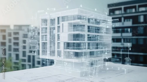 Obraz White background vector illustration of a 3D digital model with architectural blueprints, BIM software interface