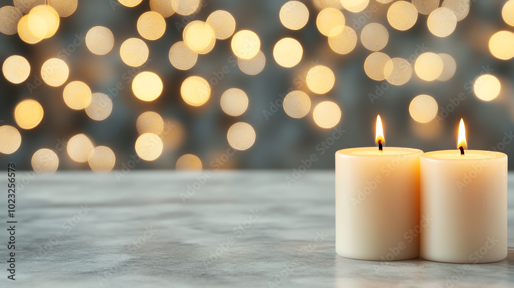 Two white candles lit on a marble surface with a blurred bokeh background, creating a warm and inviting atmosphere perfect for relaxation or ambiance. Two white candles lit on a marble surface with a blurred bokeh background, creating a warm and inviting atmosphere perfect for relaxation or ambiance.