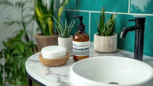 White marble table top with a blurred, modern bathroom backdrop, perfect for showcasing beauty or hygiene products