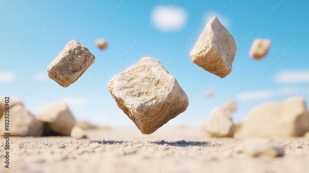 Floating rocks create surreal scene against clear blue sky, evoking sense of wonder and curiosity. sandy ground adds to otherworldly atmosphere Floating rocks create surreal scene against clear blue sky, evoking sense of wonder and curiosity. sandy ground adds to otherworldly atmosphere