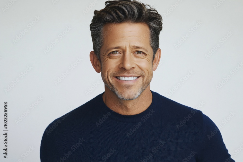 Portrait Of Handsome Middle-Aged Man Smiling At Camera Over White Background Portrait Of Handsome Middle-Aged Man Smiling At Camera Over White Background