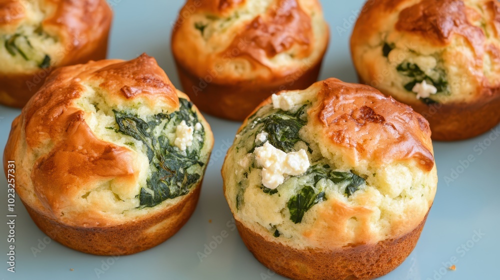 Savory spinach feta cheese muffins on blue background Savory spinach feta cheese muffins on blue background