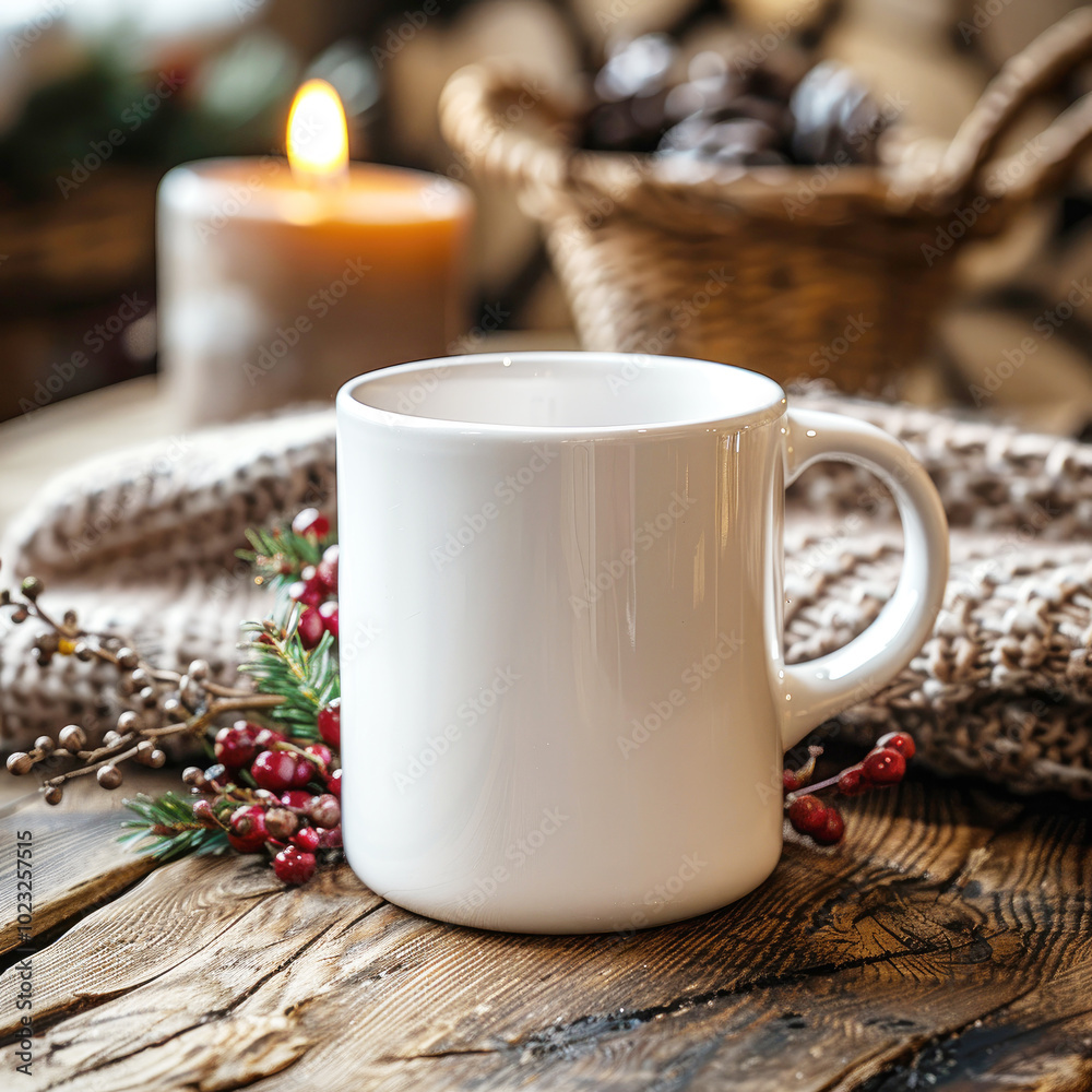 White Mug Mockup, Christmas or New Year theme, advertising with empty space, Template for your design, logo White Mug Mockup, Christmas or New Year theme, advertising with empty space, Template for your design, logo
