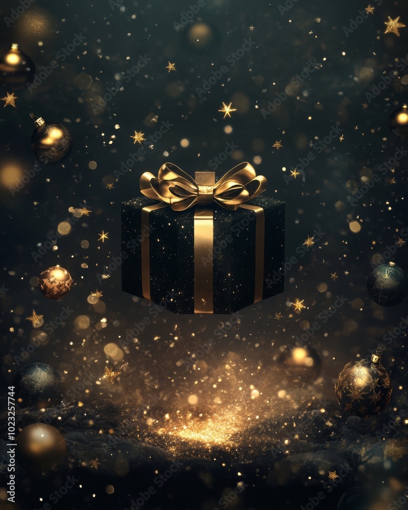 Floating black present with gold bow, surrounded by glowing gold stars and ornaments, dark background with empty space on top