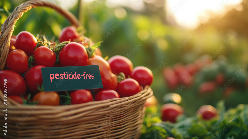 Close-Up of Vibrant Fresh Vegetable Basket Labeled Pesticide-Free on Organic Farm Background Close-Up of Vibrant Fresh Vegetable Basket Labeled Pesticide-Free on Organic Farm Background