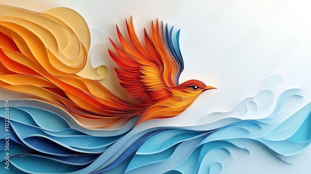 Obraz premium Paper cut abstract bird in flight, with exaggerated wings and dynamic movement, paper cut bird, abstract nature
