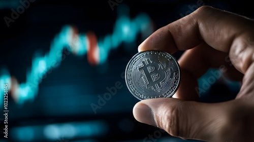 A firm hand clutching a coin representing digital investments with stock graphs in the background