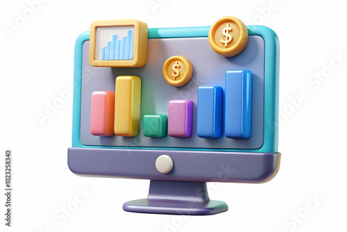 3D Glossy Desktop Monitor with Holographic Financial Dashboards and Floating Currency Symbols for Corporate Finance Presentations - Medium Angle Shot, Clean and Professional with Ample Copy Space