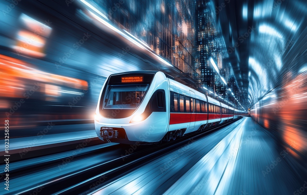 A fast-moving subway train captured with a long exposure, creating dynamic light trails and a sense of speed. The image emphasizes urban motion and modern transportation. A fast-moving subway train captured with a long exposure, creating dynamic light trails and a sense of speed. The image emphasizes urban motion and modern transportation.