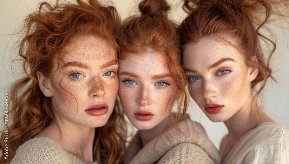 Three models with striking red hair and freckles pose closely together against a neutral background, showcasing natural beauty and unique features Three models with striking red hair and freckles pose closely together against a neutral background, showcasing natural beauty and unique features