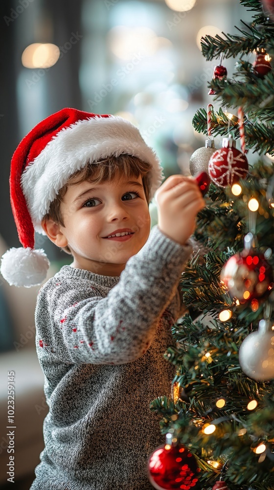 cute boy decorating Christmas tree. ai generated cute boy decorating Christmas tree. ai generated