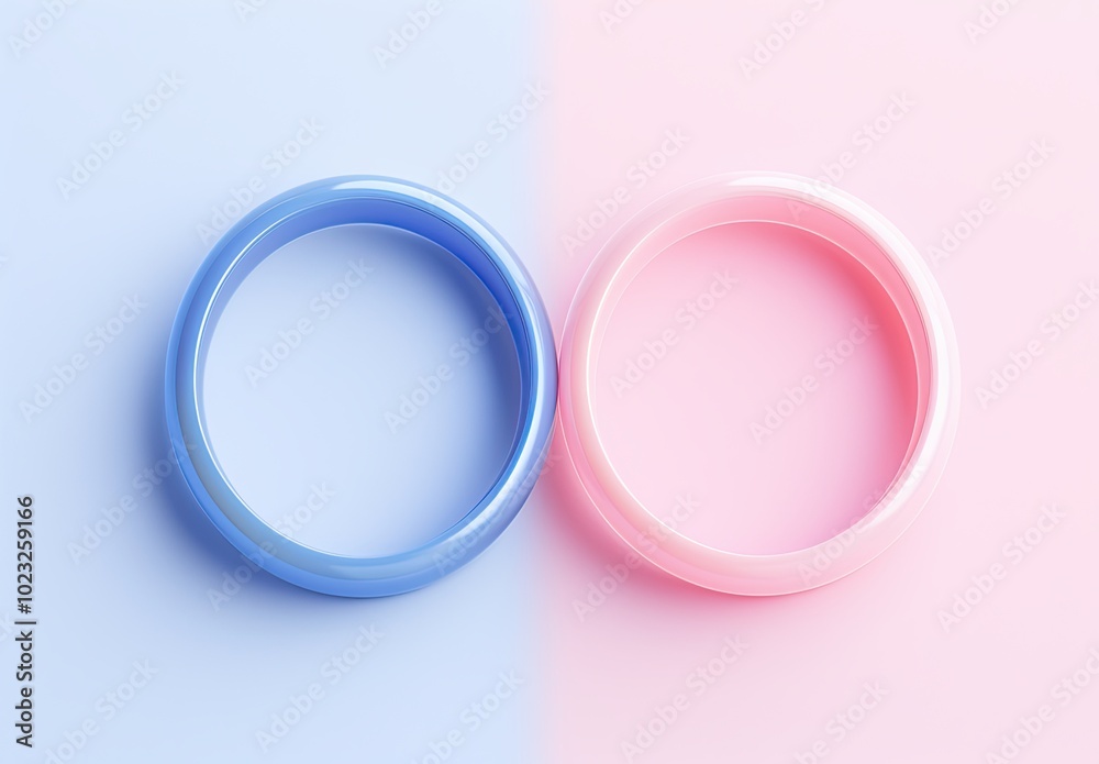 Two interlocking pastel pink and blue green rings symbolize unity and balance, set against a minimalist backdrop. Ideal for branding and conceptual marketing related to relationships. Two interlocking pastel pink and blue green rings symbolize unity and balance, set against a minimalist backdrop. Ideal for branding and conceptual marketing related to relationships.