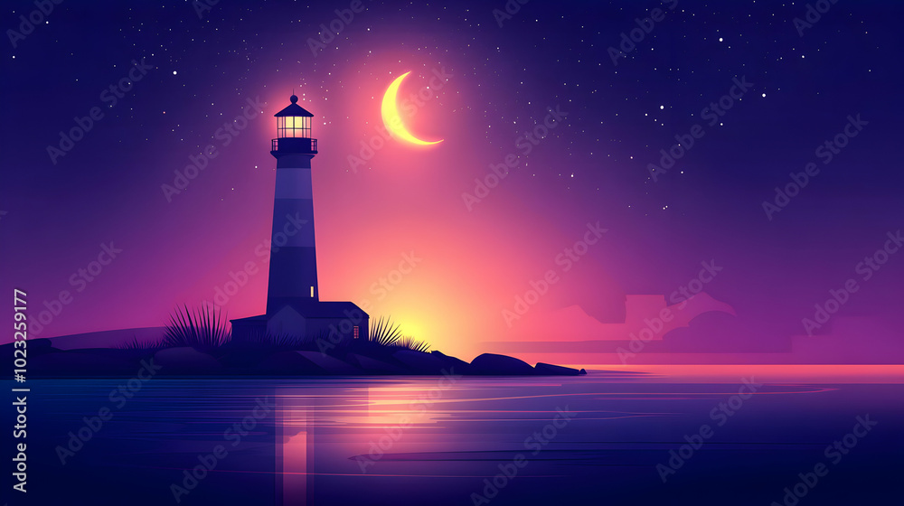 A Tall Lighthouse Stands on a Rocky Outcropping by a Calm Ocean at Night with a Crescent Moon and a Starry Sky A Tall Lighthouse Stands on a Rocky Outcropping by a Calm Ocean at Night with a Crescent Moon and a Starry Sky