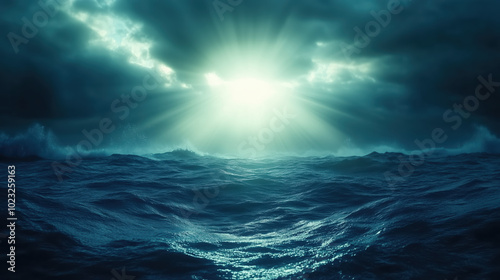 serene ocean scene with dramatic clouds and rays of light piercing through, creating tranquil yet powerful atmosphere. deep blue waves reflect light beautifully, evoking sense of calm and wonder