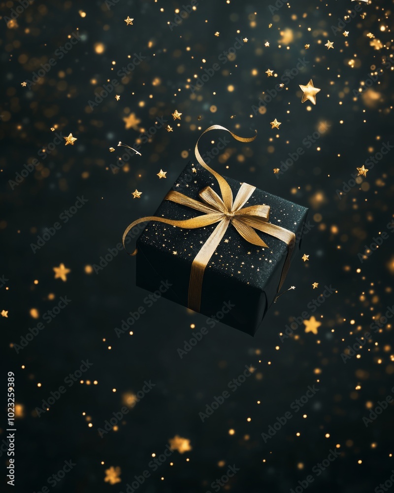 Minimalistic black present with gold ribbon, floating in mid-air with golden stars surrounding it, dark background with empty space at the top Minimalistic black present with gold ribbon, floating in mid-air with golden stars surrounding it, dark background with empty space at the top