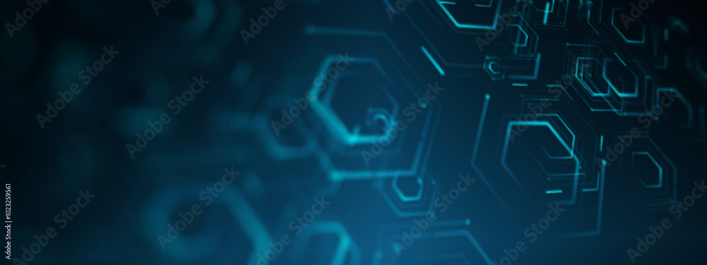 Futuristic business data technology modern blue background banner concept, circuit  hexagon polygon shape lines connecting link structure dark blue contrast copyspace.