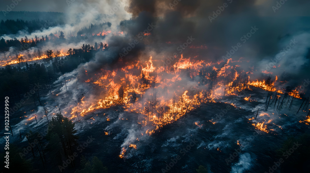 Aerial View of a Forest Fire Burning with Smoke and Flames Aerial View of a Forest Fire Burning with Smoke and Flames