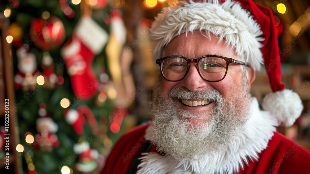 Smiling Santa Claus with a white beard wearing glasses in front of a decorated Christmas tree. Smiling Santa Claus with a white beard wearing glasses in front of a decorated Christmas tree.