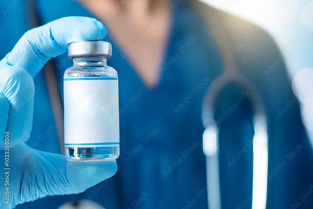 Close up doctor with a stethoscope on shoulder holding vaccine bottle. Healthcare And Medical concept. Close up doctor with a stethoscope on shoulder holding vaccine bottle. Healthcare And Medical concept.