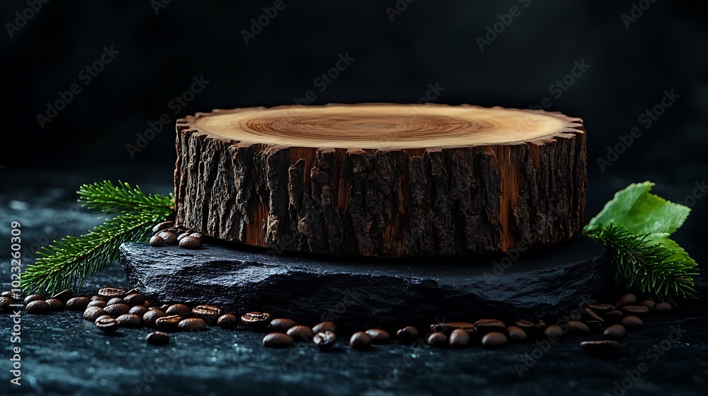 Rustic wooden slice on slate with coffee beans and pine sprigs. Rustic wooden slice on slate with coffee beans and pine sprigs.