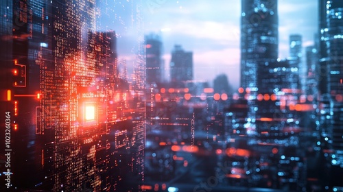 Futuristic cityscape with digital elements and glowing lights.