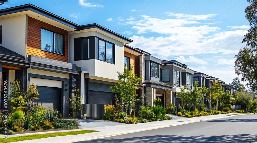 A row of modern, detached houses on a quiet suburban street with lush landscaping and a clear blue sky. A row of modern, detached houses on a quiet suburban street with lush landscaping and a clear blue sky.