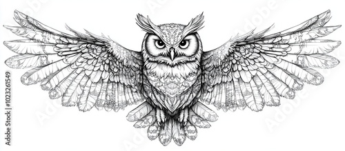 Detailed Owl Sketch with Spread Wings