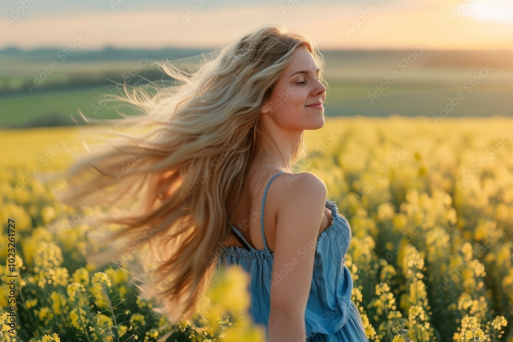 Young woman enjoying a sunny afternoon in a field of yellow flowers with gentle wind blowing through her hair Young woman enjoying a sunny afternoon in a field of yellow flowers with gentle wind blowing through her hair