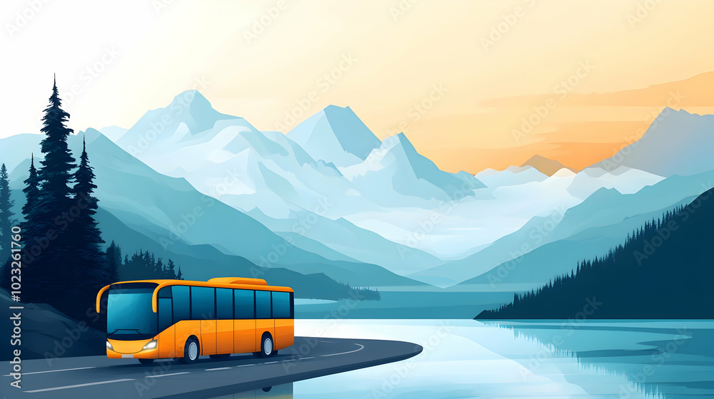 A Yellow Bus Drives Along a Winding Road Through a Mountainous Landscape with a Lake in the Foreground A Yellow Bus Drives Along a Winding Road Through a Mountainous Landscape with a Lake in the Foreground