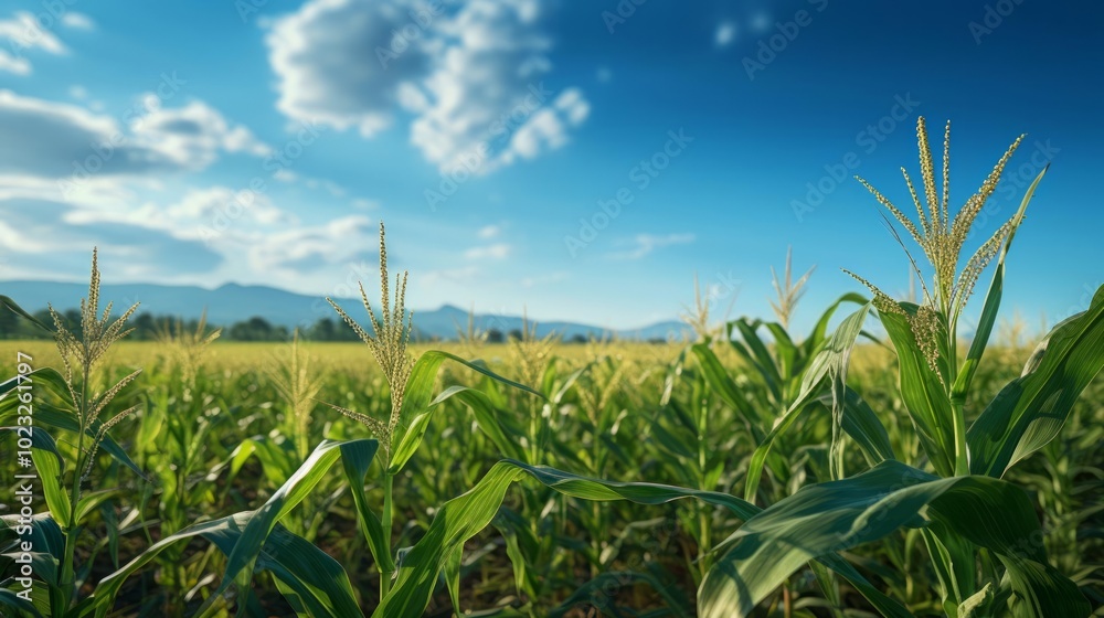 Lush green cornfield under a bright blue sky with fluffy clouds, showcasing the beauty of nature's growth. Lush green cornfield under a bright blue sky with fluffy clouds, showcasing the beauty of nature's growth.