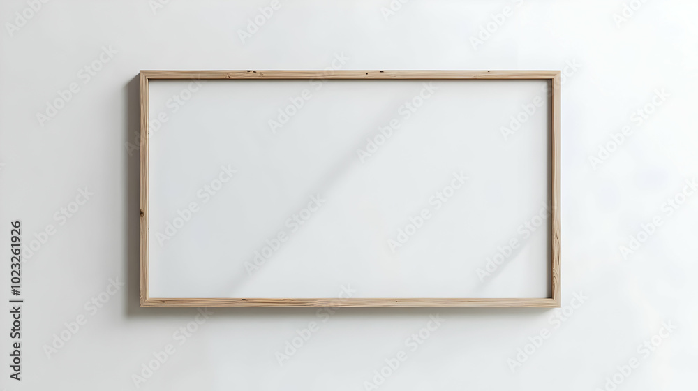 Fototapeta premium A Simple Wooden Frame Hanging on a White Wall with a Blank Canvas Inside, Ready for Your Artwork or Photography