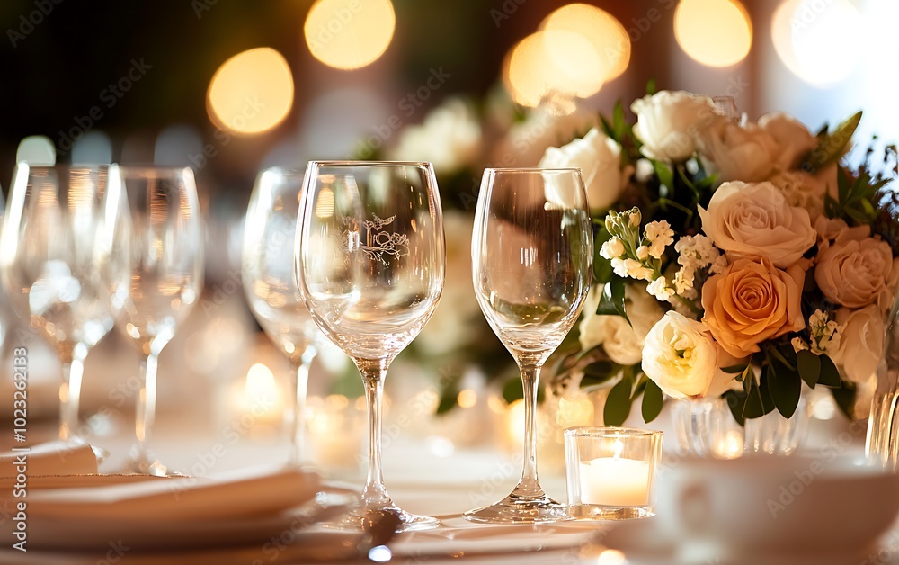 Elegant dinner table setting with white roses, candles, and wine glasses. Elegant dinner table setting with white roses, candles, and wine glasses.